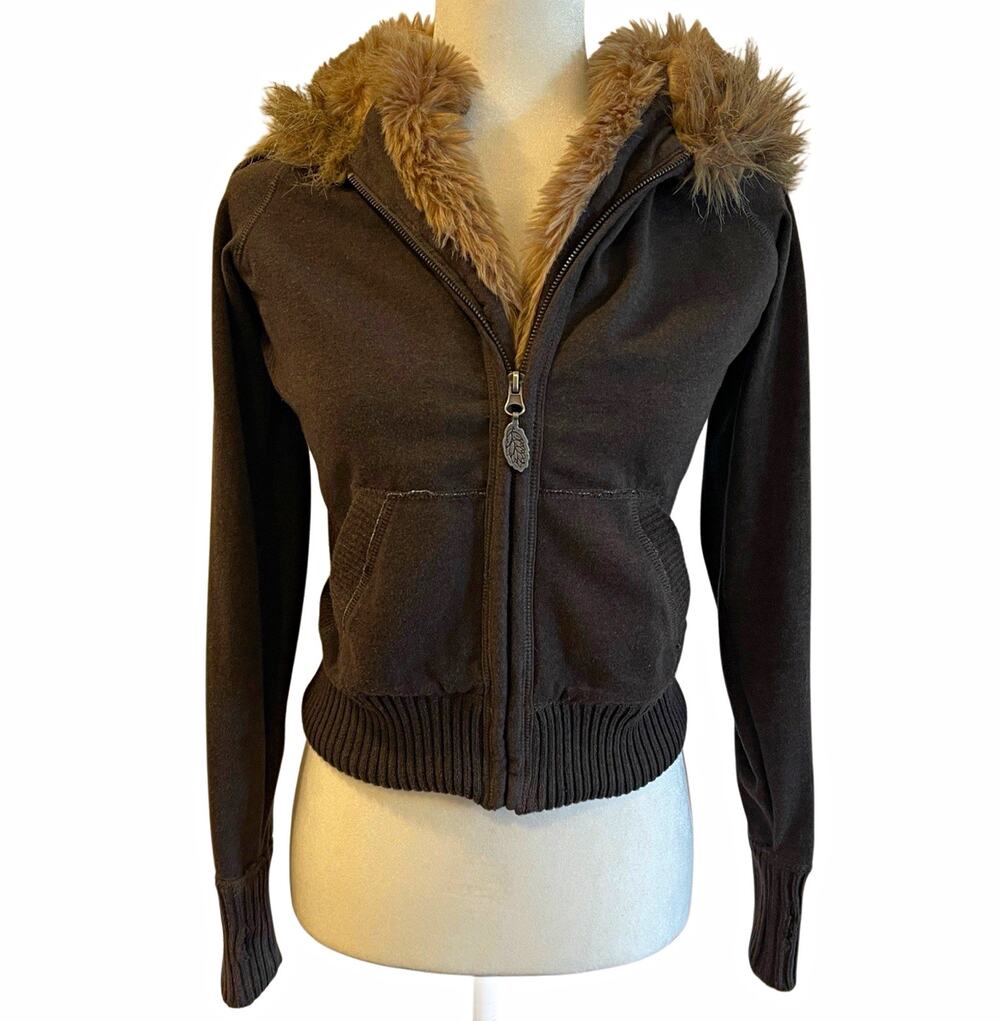 Vintage BB Dakota Faux Fur Trim Cropped Zip Hoodie Jacket Y2K Downtown Girl M